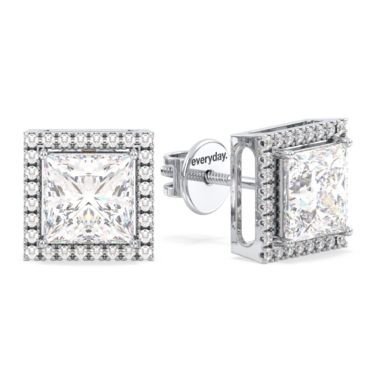 AZALEA HALO PRINCESS CUT LAB GROWN DIAMOND SOLITAIRE EAR STUDS, GOLD