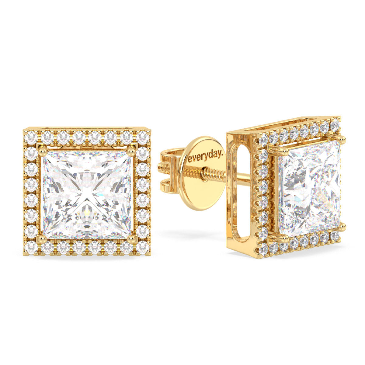 AZALEA HALO PRINCESS CUT LAB GROWN DIAMOND SOLITAIRE EAR STUDS, GOLD