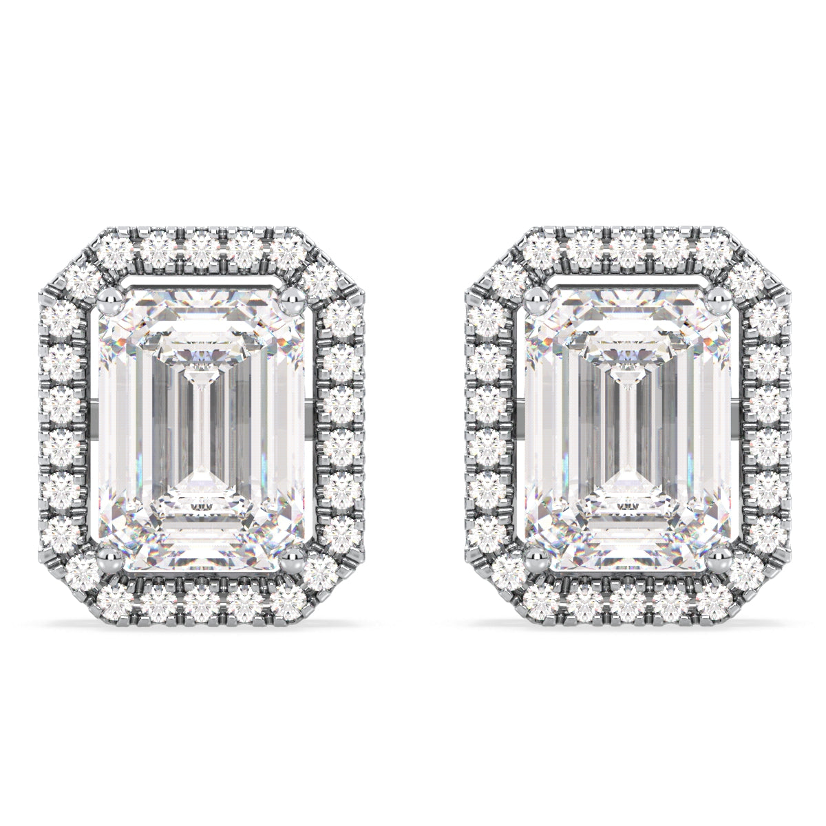 KATE HALO EMERALD CUT LAB GROWN DIAMOND SOLITAIRE EAR STUDS, GOLD