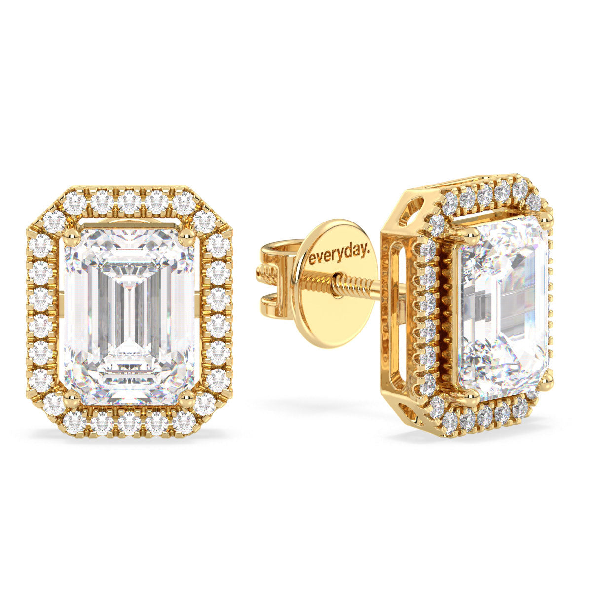 KATE HALO EMERALD CUT LAB GROWN DIAMOND SOLITAIRE EAR STUDS, GOLD