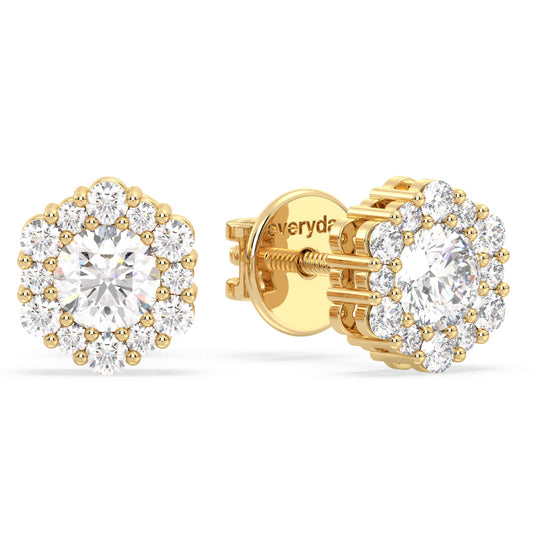 CLARETTE EXQUISITE GEOMETRIC ROUND CUT LAB GROWN DIAMOND EAR STUDS, GOLD