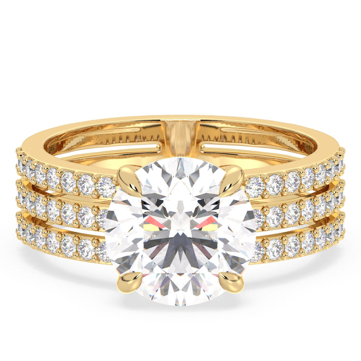 SOPHIA TRIPLE ROW ROUND CUT LAB GROWN DIAMOND SOLITAIRE ENGAGEMENT RING WITH SIDE STONES, GOLD