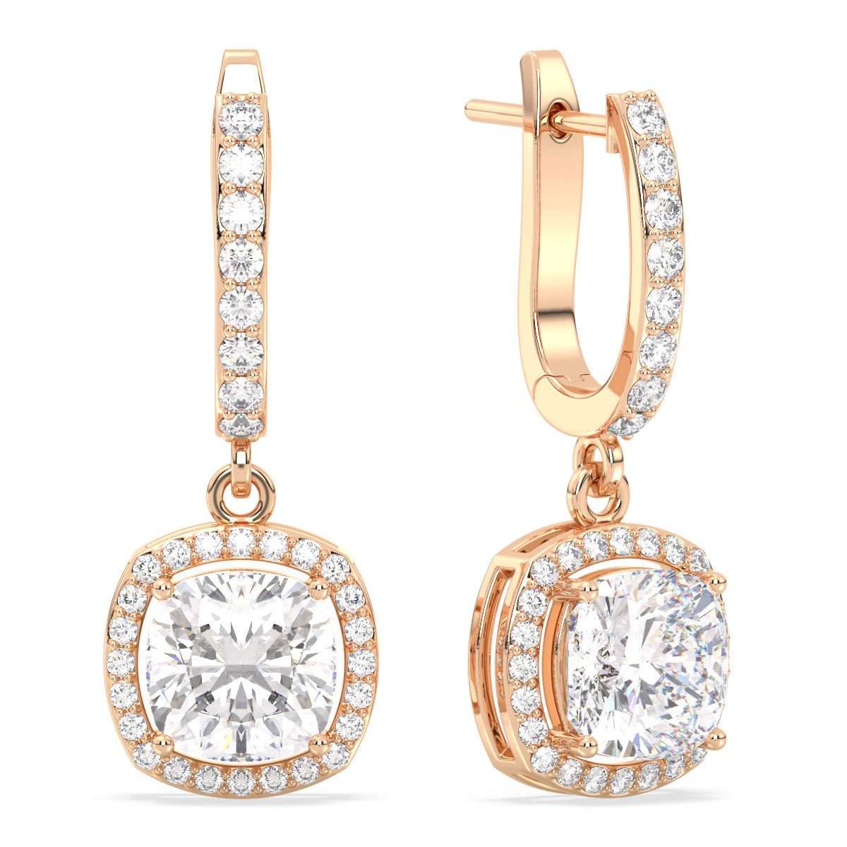 DAMAS HALO CUSHION CUT LAB GROWN DIAMOND SOLIATIRE HOOPS, GOLD