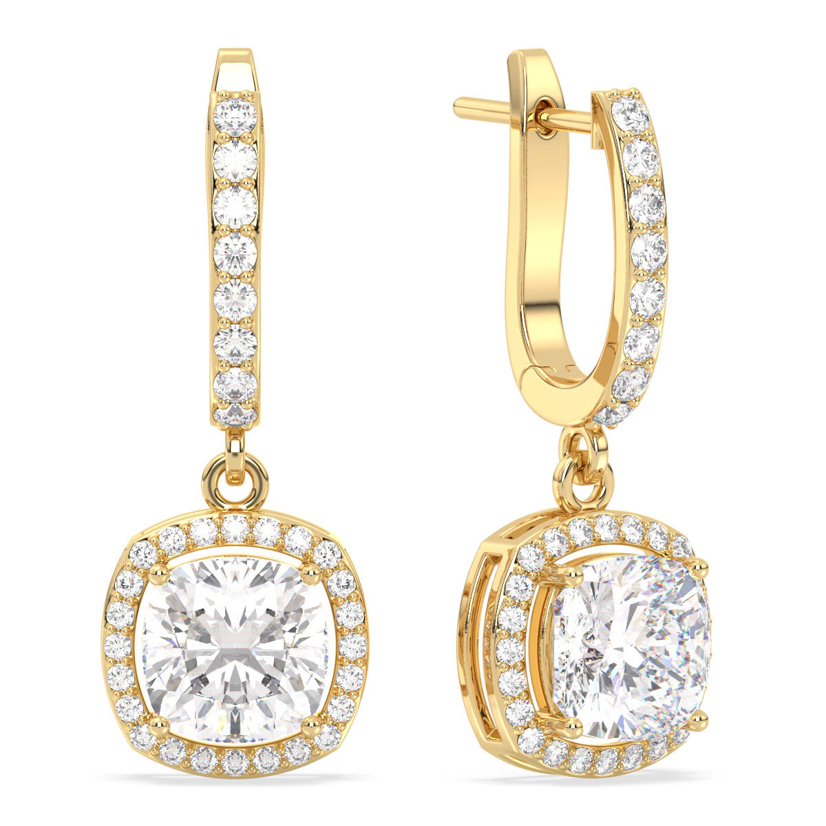 DAMAS HALO CUSHION CUT LAB GROWN DIAMOND SOLIATIRE HOOPS, GOLD