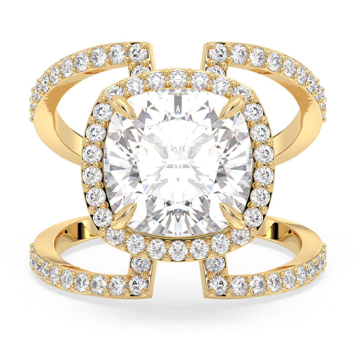 DAMAS HALO CUSHION CUT LAB GROWN DIAMOND SOLITAIRE ELEVATED ENGAGEMENT RING WITH A CURVED SHANK, GOLD