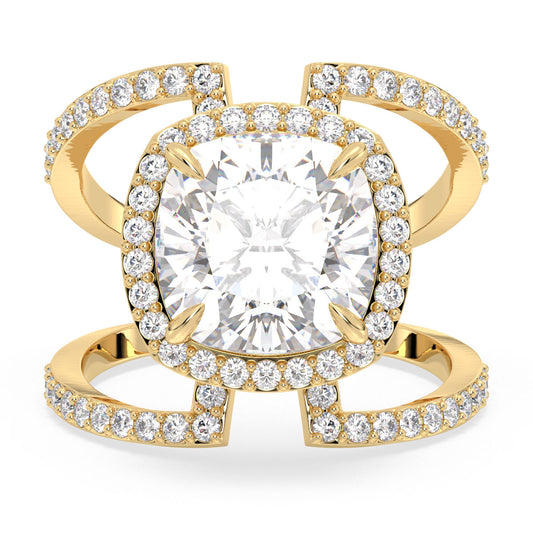 DAMAS HALO CUSHION CUT LAB GROWN DIAMOND SOLITAIRE ELEVATED ENGAGEMENT RING WITH A CURVED SHANK, GOLD