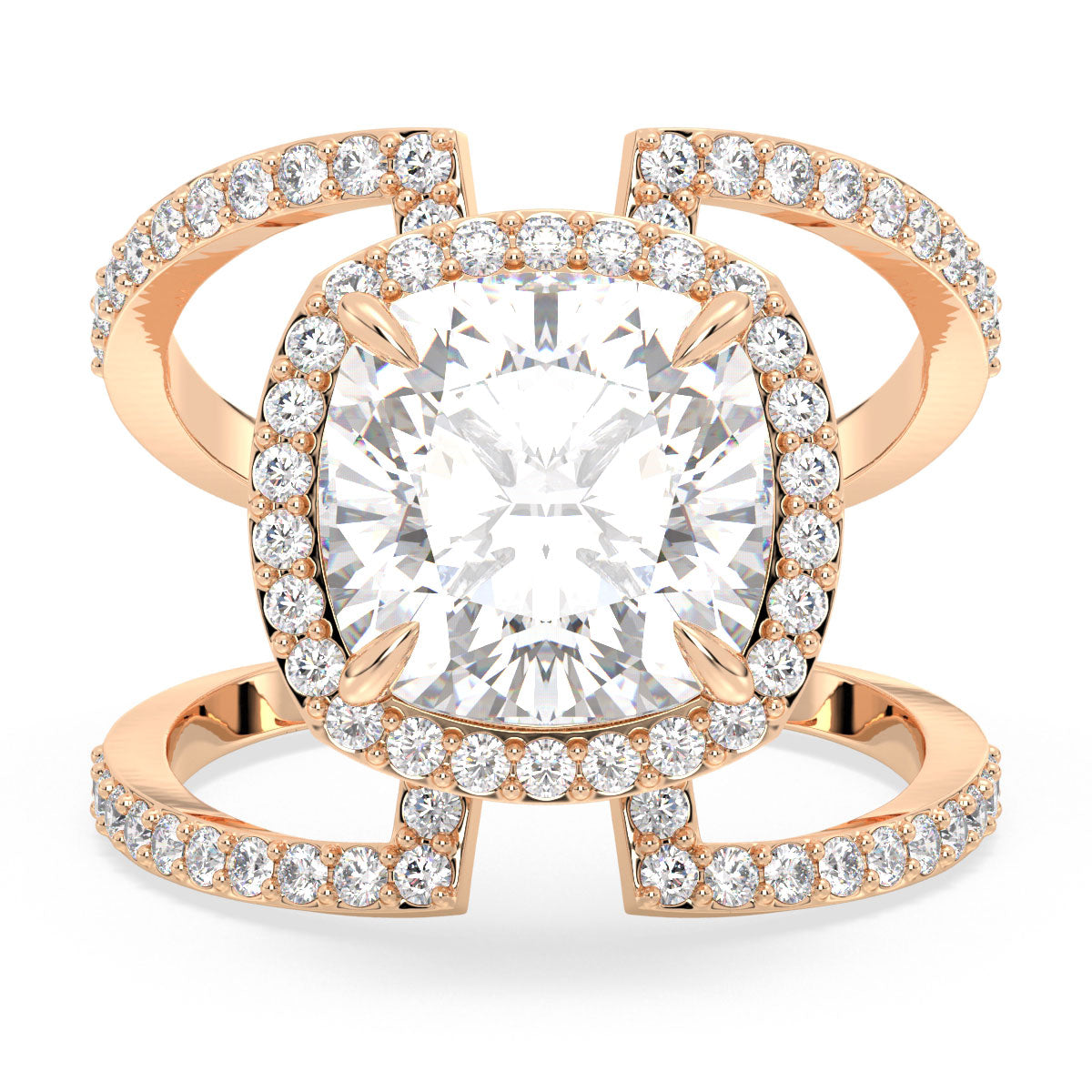 DAMAS HALO CUSHION CUT LAB GROWN DIAMOND SOLITAIRE ELEVATED ENGAGEMENT RING WITH A CURVED SHANK, GOLD