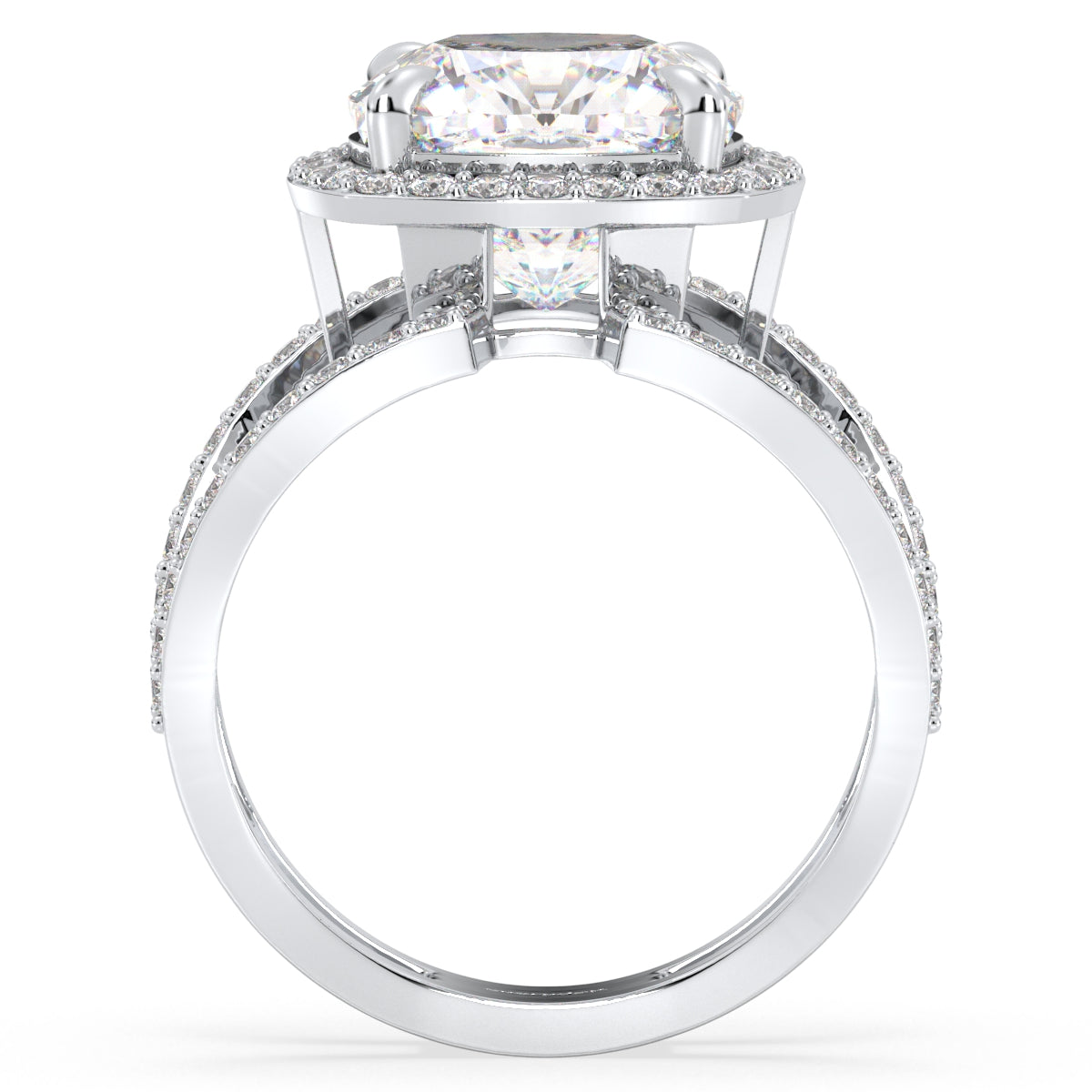 DAMAS HALO CUSHION CUT LAB GROWN DIAMOND SOLITAIRE ELEVATED ENGAGEMENT RING WITH A CURVED SHANK, GOLD