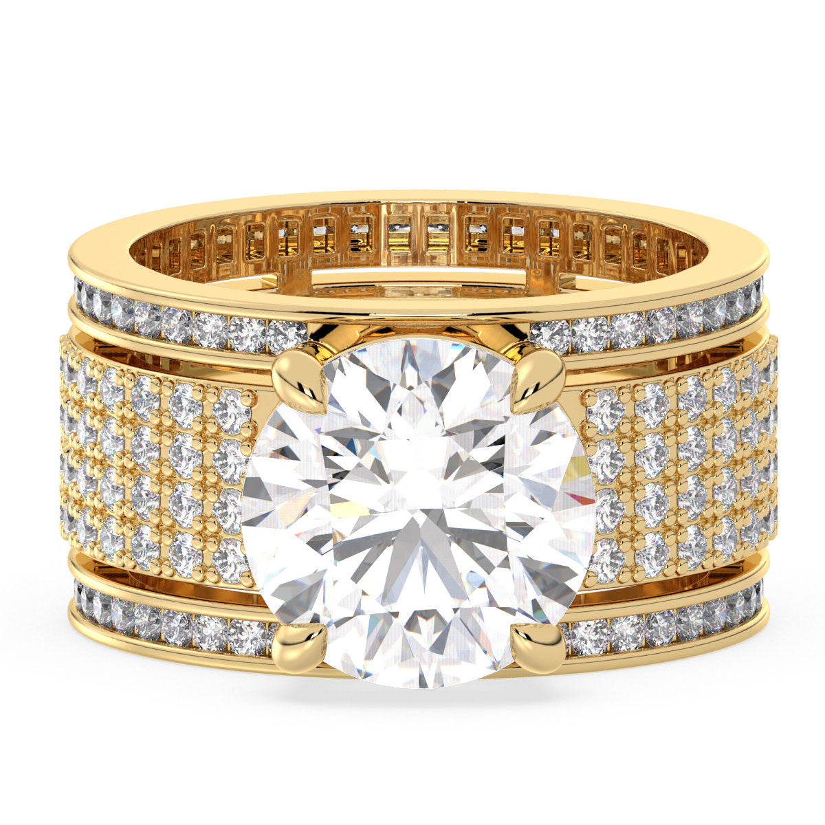 SOPHIA ROUND CUT LAB GROWN DIAMOND SOLITAIRE BULKY COCKTAIL ENGAGEMENT RING WITH SIDE STONES, GOLD