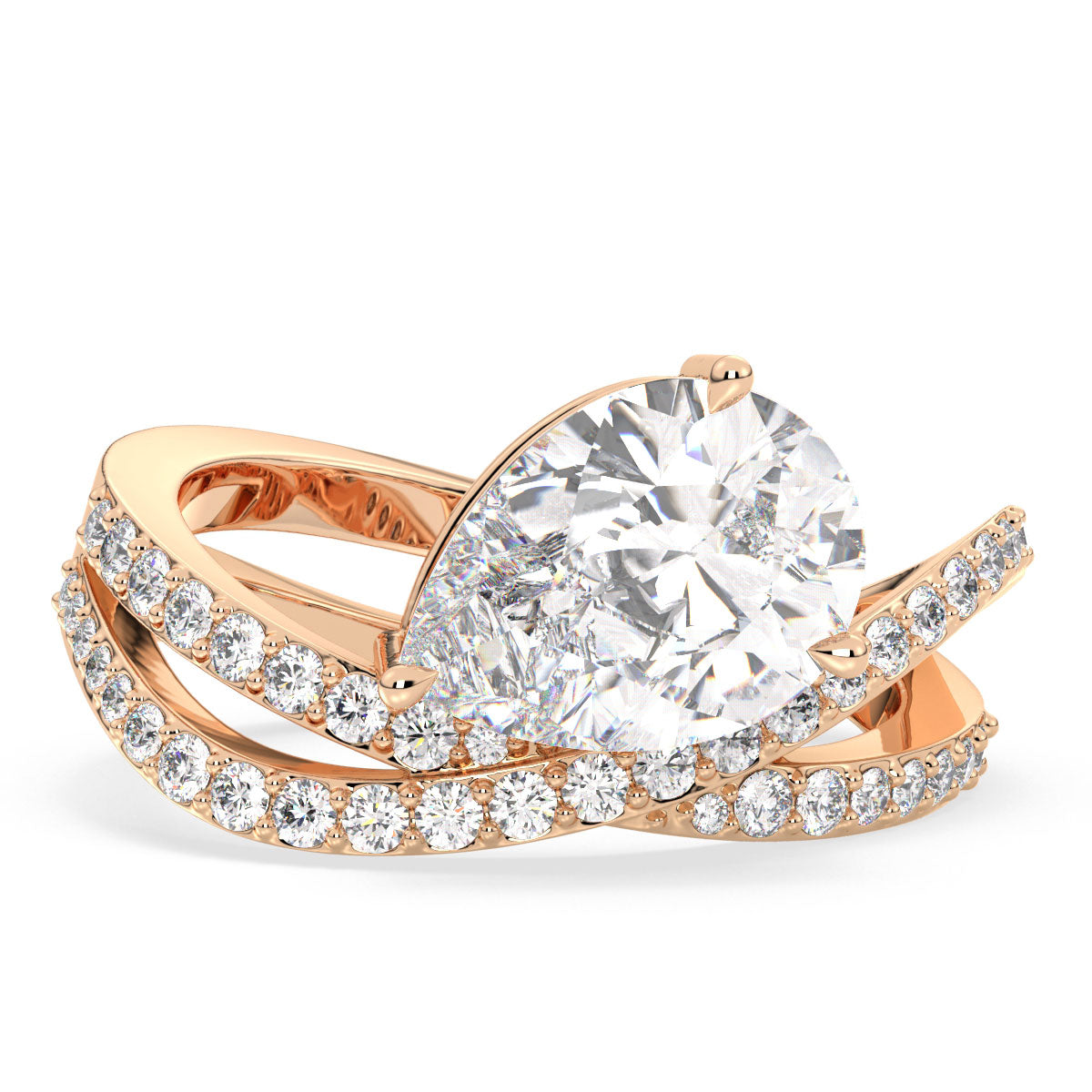 MARGUERITE PEAR CUT LAB GROWN DIAMOND SOLITAIRE ENGAGEMENT RING WITH A WAVY STUDDED SHANK, GOLD