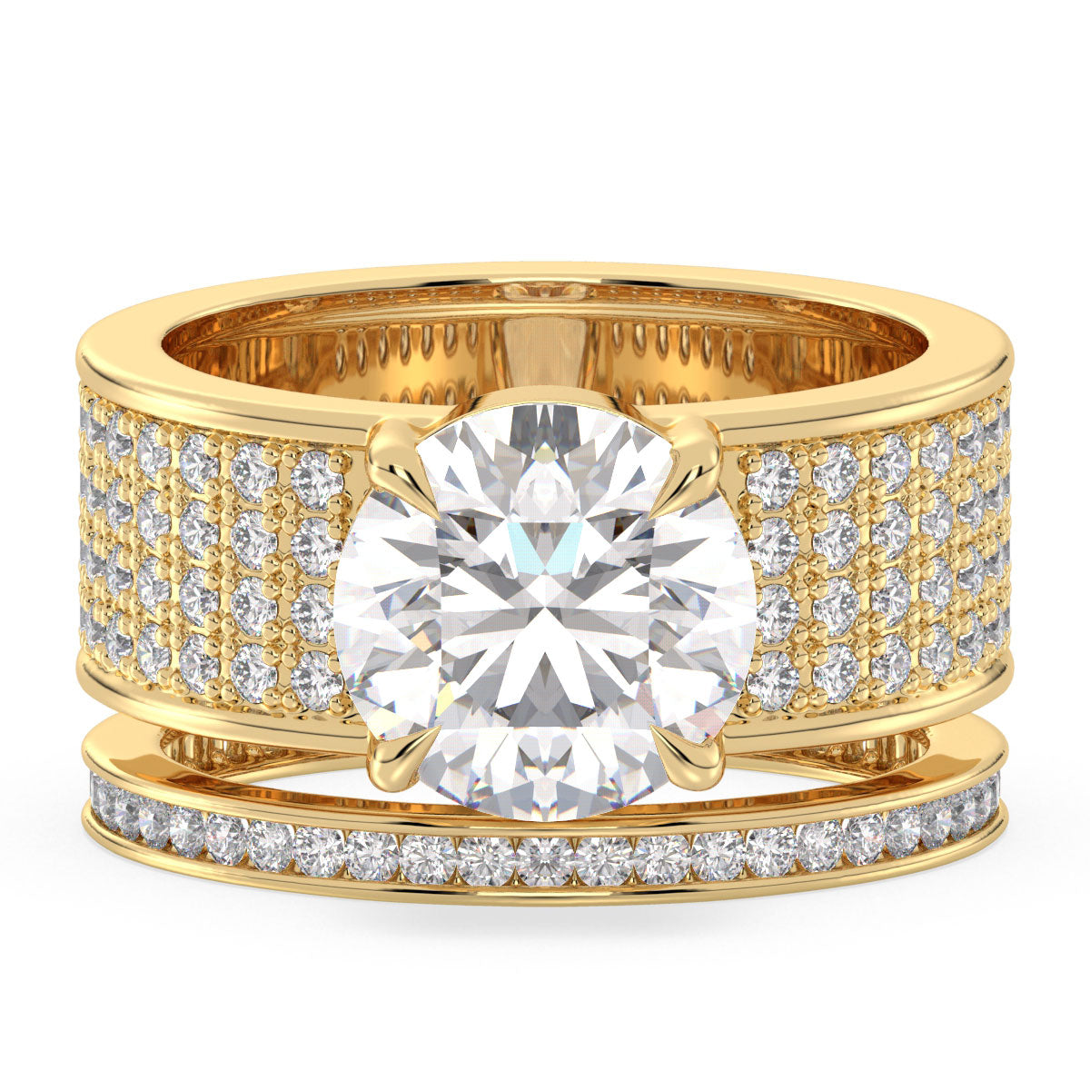 HEATHER ROUND CUT LAB GROWN DIAMOND SOLITAIRE BULKY COCKTAIL ENGAGEMENT RING WITH SIDE STONES, GOLD