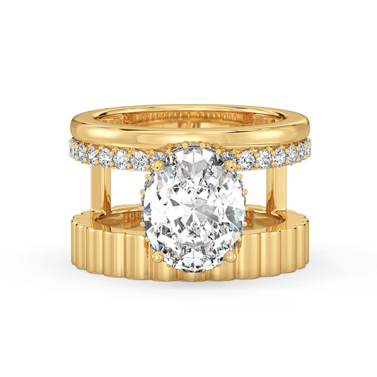 IRENE OVAL CUT LAB GROWN DIAMOND SOLITAIRE ENGAGEMENT COCKTAIL RING ON AN OPULENT SHANK, GOLD