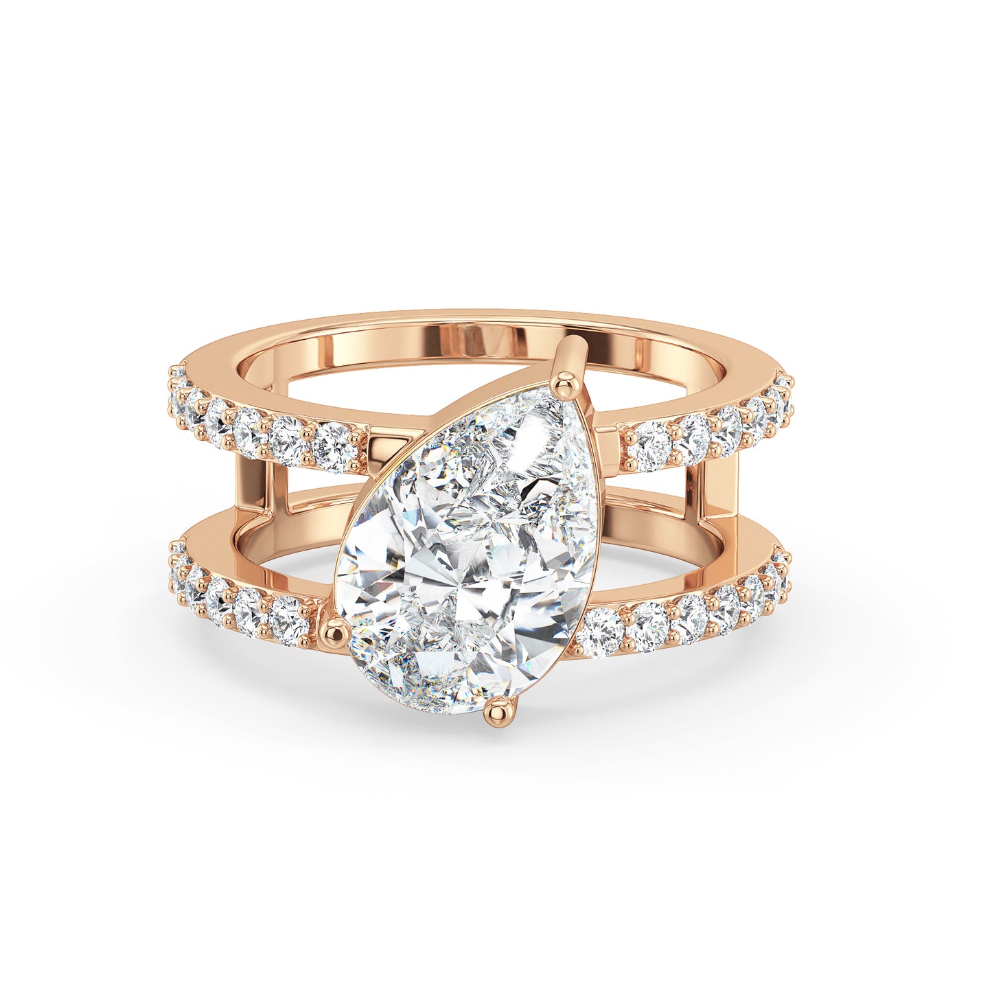 MARGUERITE PEAR CUT LAB GROWN DIAMOND SOLITAIRE DOUBLE STUDDED SASSY COCKTAIL ENGAGEMENT RING, GOLD