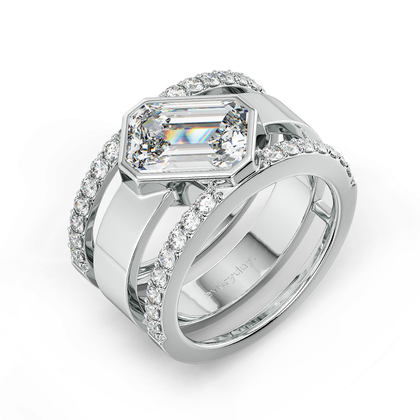 KATE BEZEL SET EMERALD CUT LAB GROWN DIAMOND SOLITAIRE CLASSY COCKTAIL ENGAGEMENT OPULENT RING, GOLD