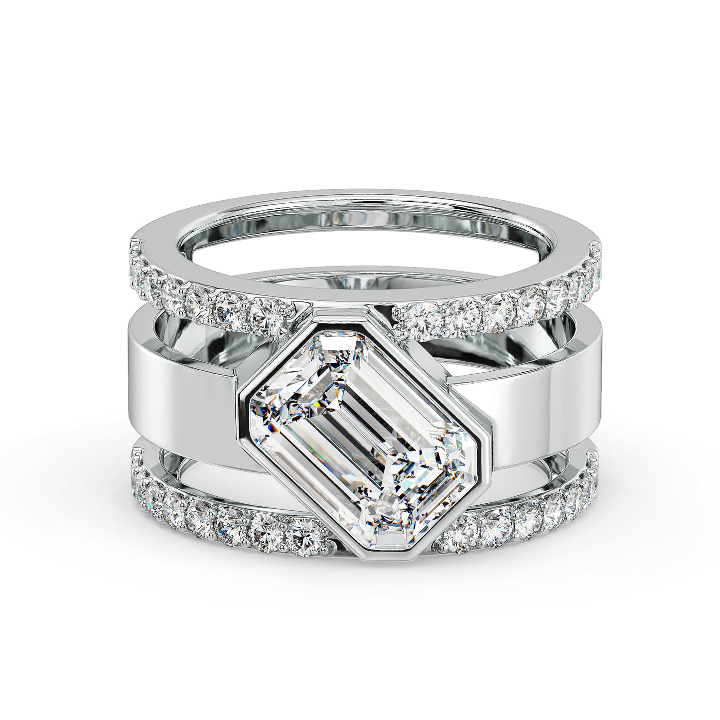 KATE BEZEL SET EMERALD CUT LAB GROWN DIAMOND SOLITAIRE CLASSY COCKTAIL ENGAGEMENT OPULENT RING, GOLD