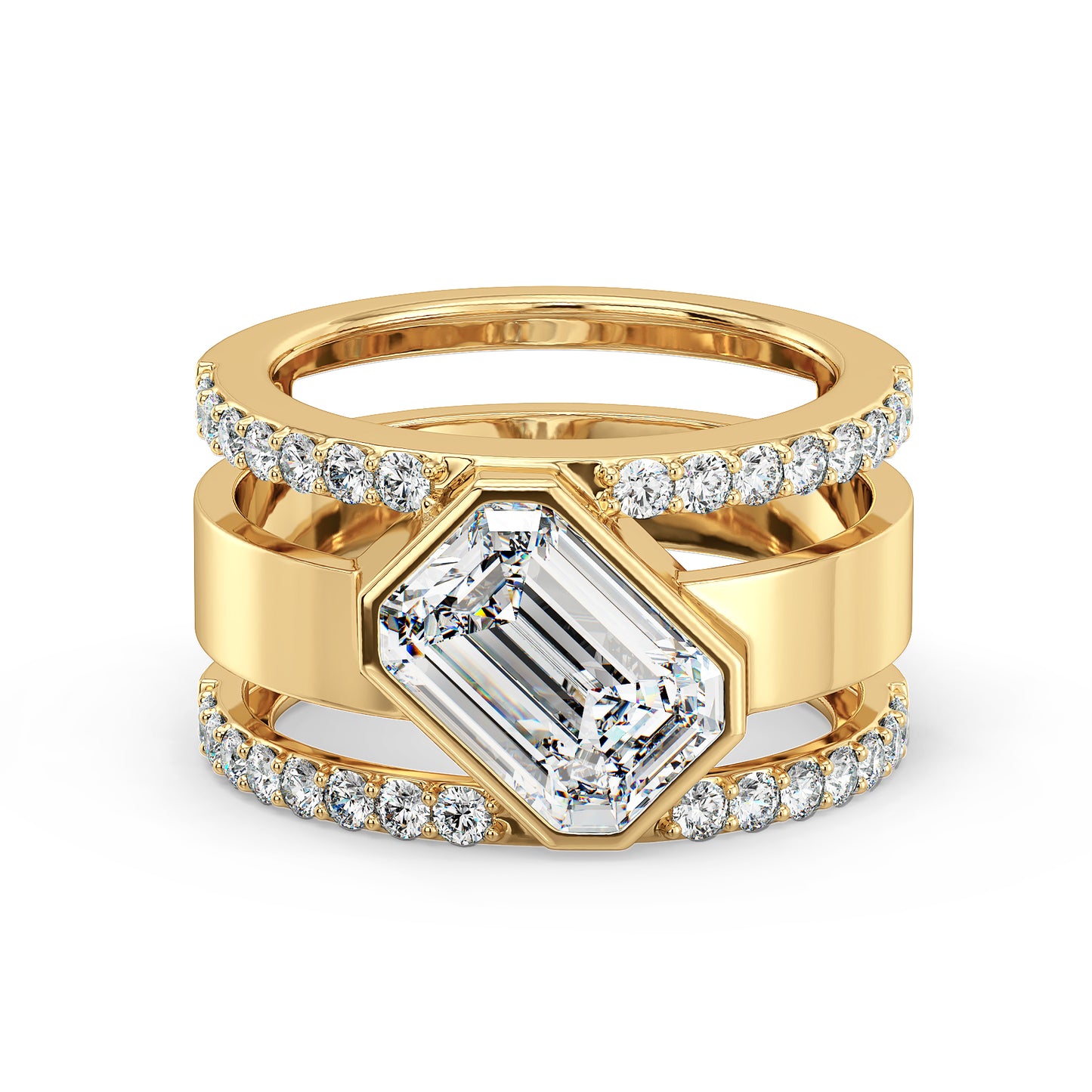 KATE BEZEL SET EMERALD CUT LAB GROWN DIAMOND SOLITAIRE CLASSY COCKTAIL ENGAGEMENT OPULENT RING, GOLD