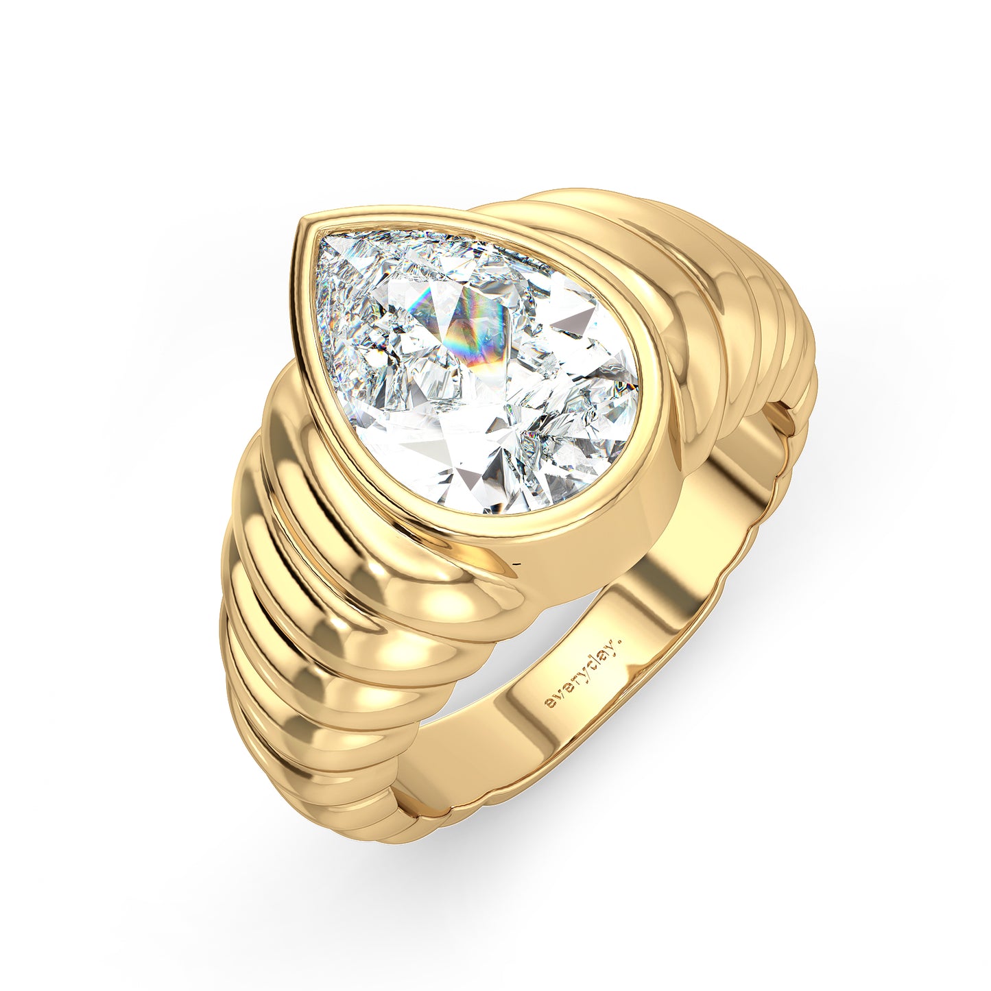 MARGUERITE BEZEL SET PEAR CUT LAB GROWN DIAMOND OPULENT SHANK CLASSY COCKTAIL ENGAGEMENT RING, GOLD