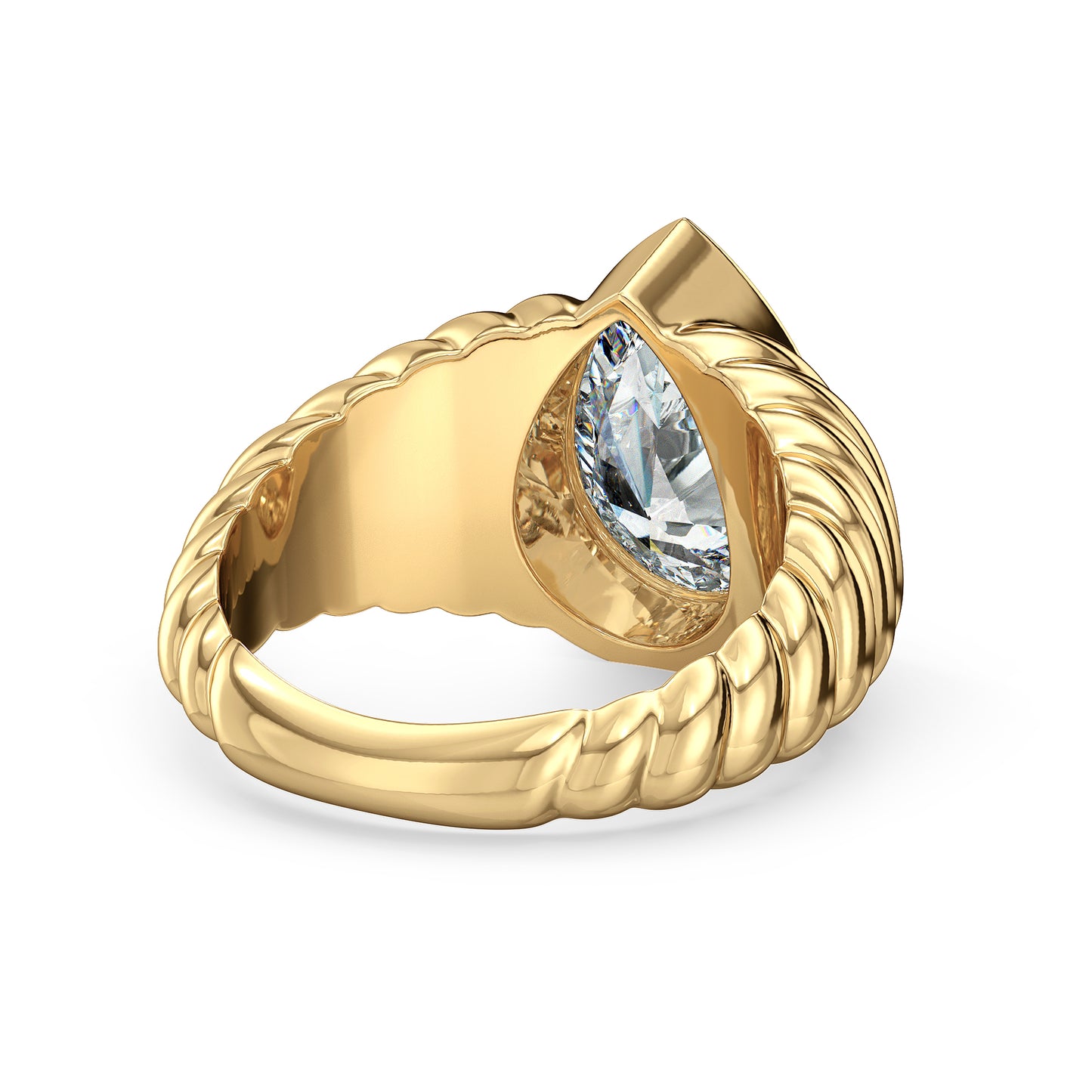 MARGUERITE BEZEL SET PEAR CUT LAB GROWN DIAMOND OPULENT SHANK CLASSY COCKTAIL ENGAGEMENT RING, GOLD