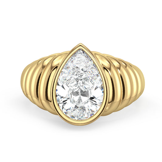 MARGUERITE BEZEL SET PEAR CUT LAB GROWN DIAMOND OPULENT SHANK CLASSY COCKTAIL ENGAGEMENT RING, GOLD