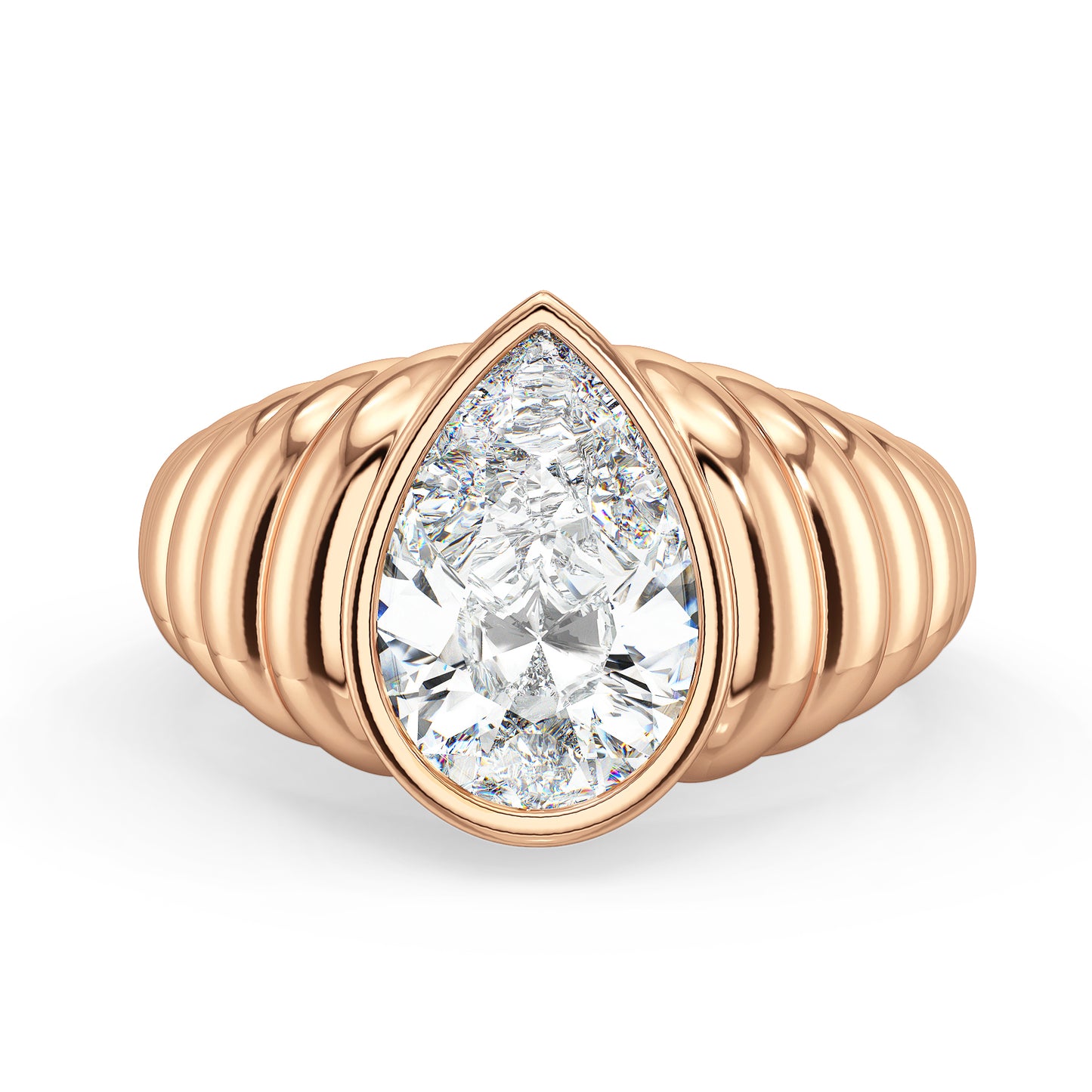 MARGUERITE BEZEL SET PEAR CUT LAB GROWN DIAMOND OPULENT SHANK CLASSY COCKTAIL ENGAGEMENT RING, GOLD