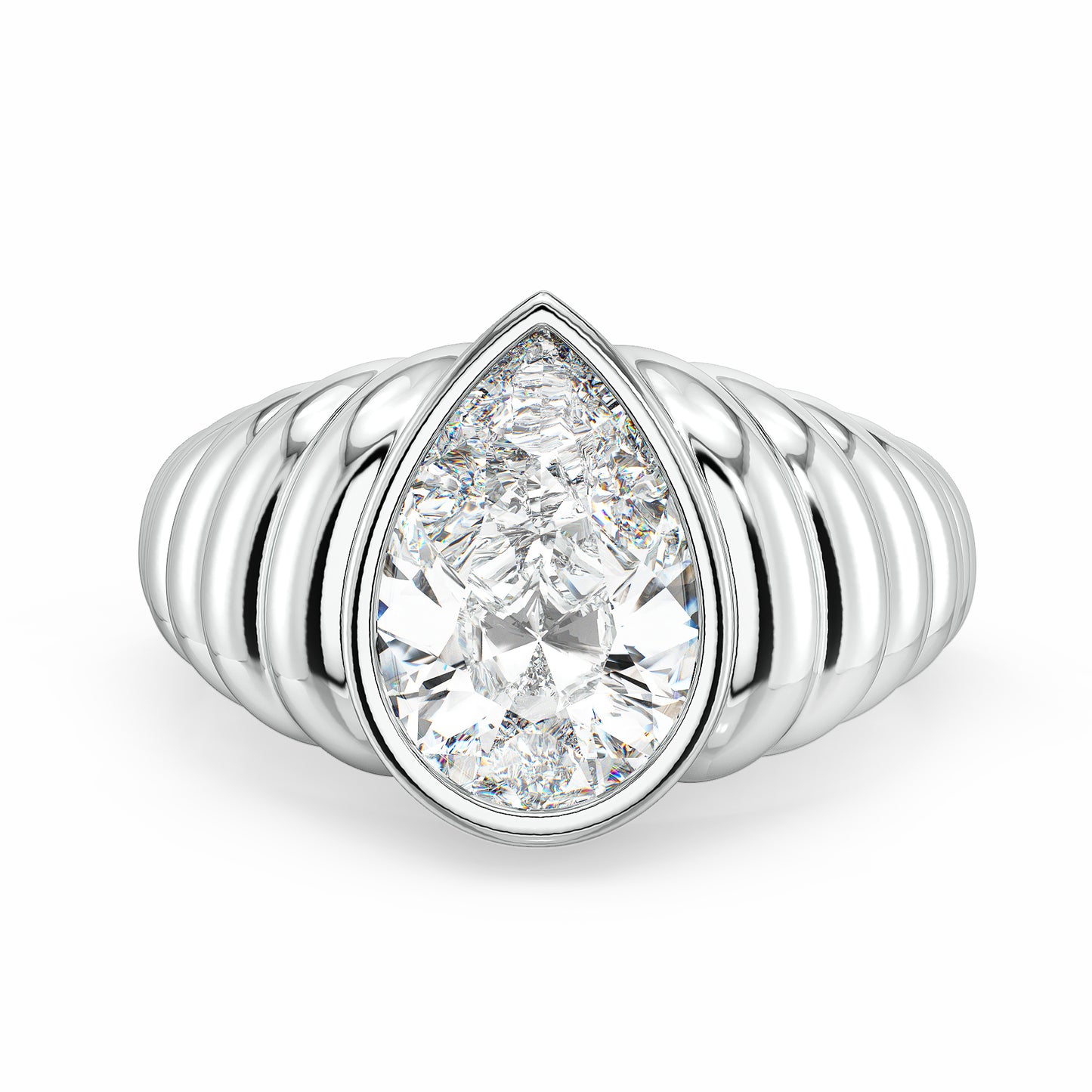 MARGUERITE BEZEL SET PEAR CUT LAB GROWN DIAMOND OPULENT SHANK CLASSY COCKTAIL ENGAGEMENT RING, GOLD