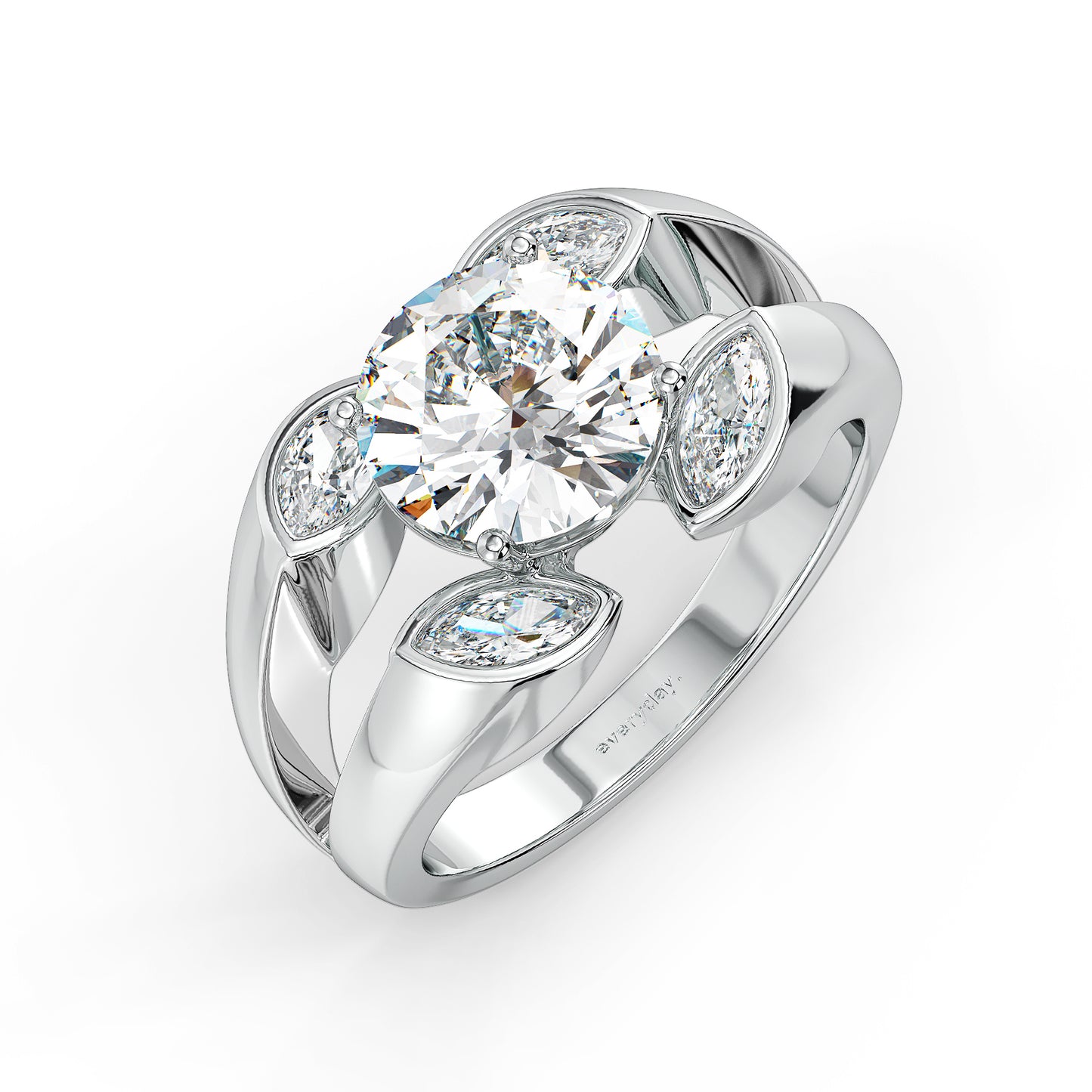 SOPHIA ROUND CUT LAB GROWN DIAMOND SOLITAIRE SET ON A SPLIT SHANK BEZEL SET SASSY COCKTAIL ENGAGEMENT RING, GOLD