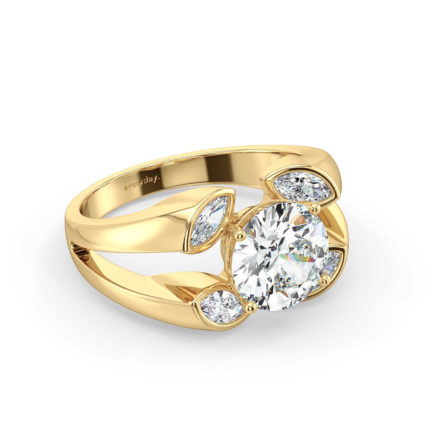 SOPHIA ROUND CUT LAB GROWN DIAMOND SOLITAIRE SET ON A SPLIT SHANK BEZEL SET SASSY COCKTAIL ENGAGEMENT RING, GOLD